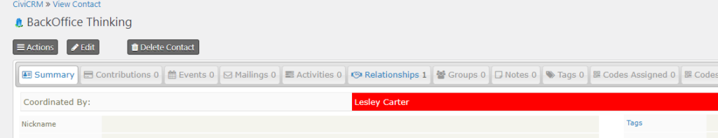 CiviCRM Summary page with Coordinated By Flag
