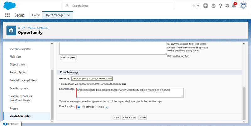 salesforce validation rule screen with error message. 