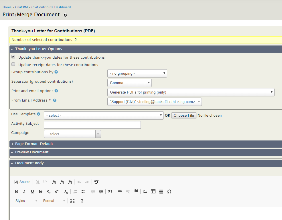 Thank you Letter for Contributions (PDF) screen.