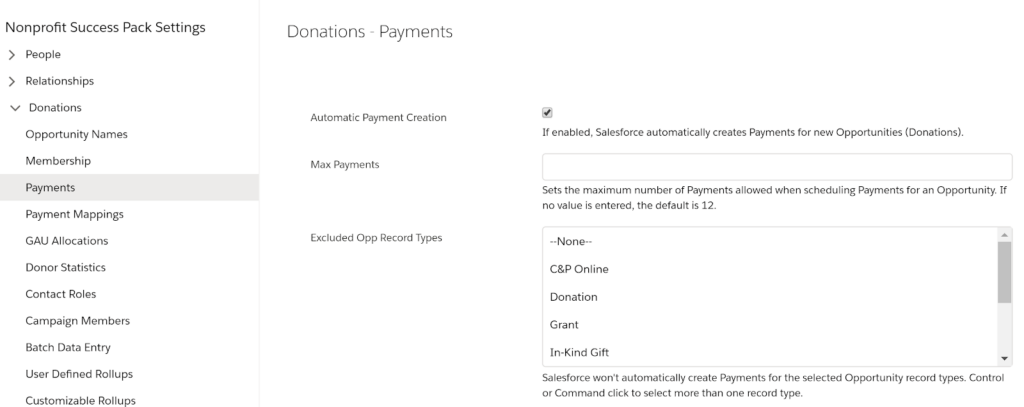 Nonprofit Salesforce Donations - Payments page screenshot. 