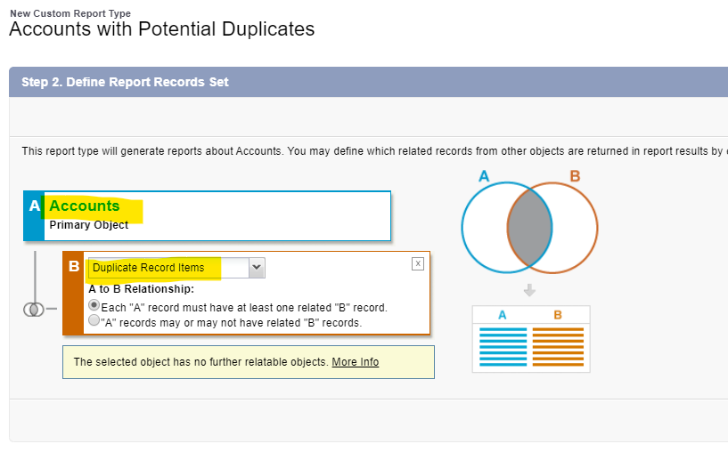 Step 2. Define Report Records Set. A - Accounts: Primary Object. B- Duplicate Record Items. A to B Relationship: Each "A" record must have at least one related "B" record. The selected object has no further relatable objects. 