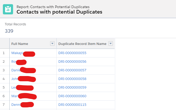 Contacts with Potential Duplicates. Full Name Column and Duplicate Record Item Name Column. 7 names listed. 