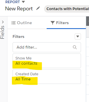 New Report. Filters. Show Me: All contacts. Created Date: All Time. 
