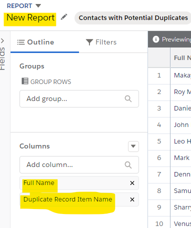 New Report. Columns: Full Name, Duplicate Record Item Name. 