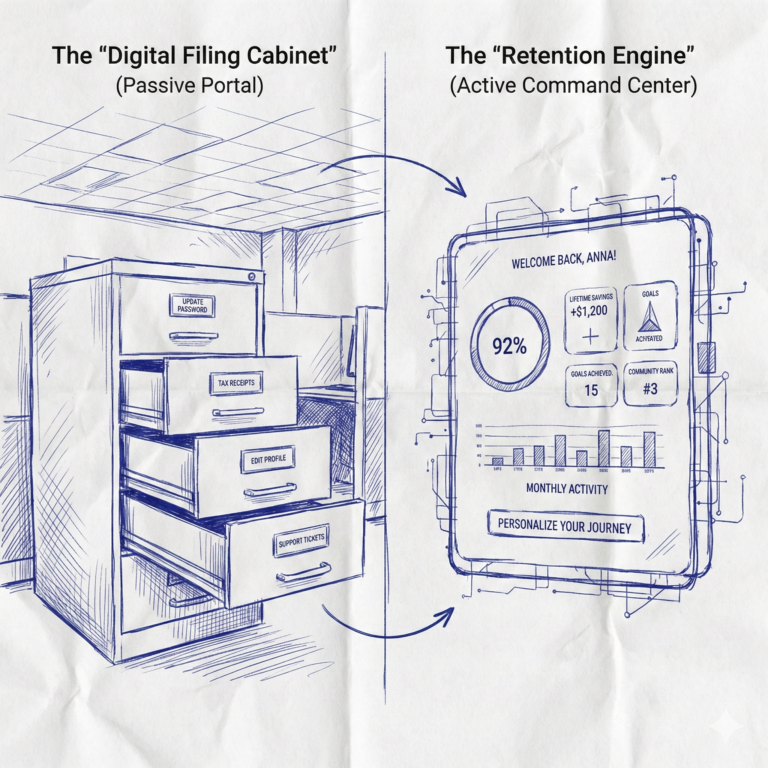 Back of napkin sketch of old filing cabinet vs a dynamic member portal