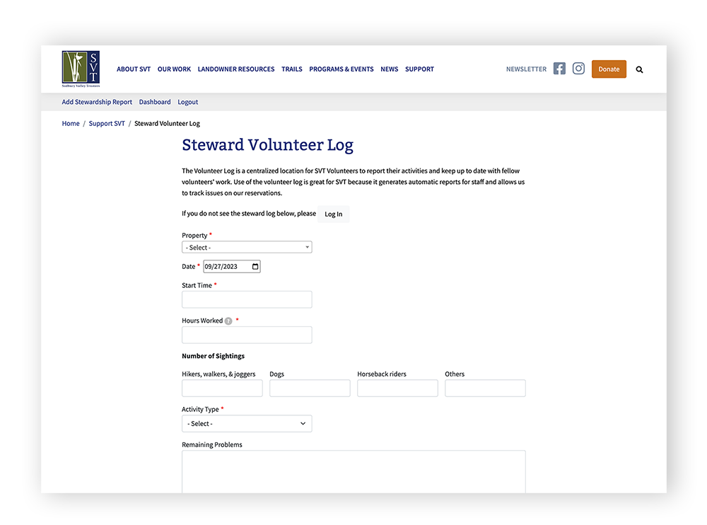 Sudbury Valley Trust - Volunteer Log