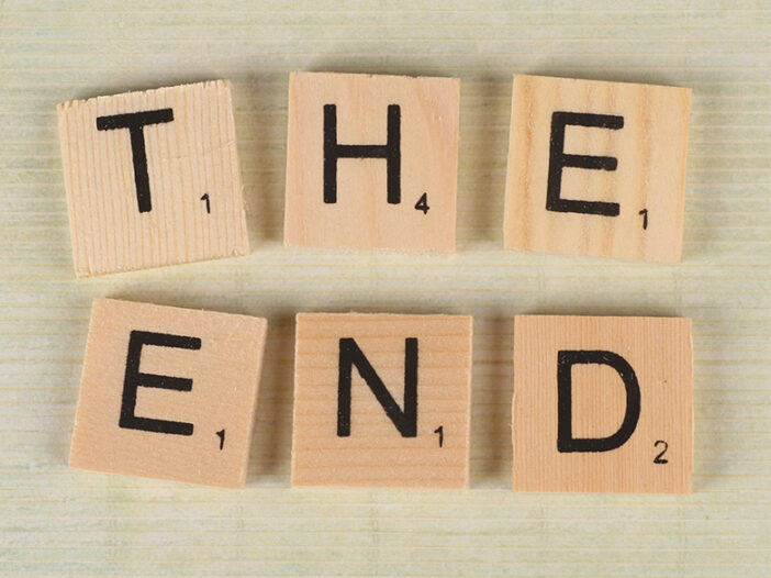 The End in Scrabble Tiles. Indicating the end of Salesforce Flow.